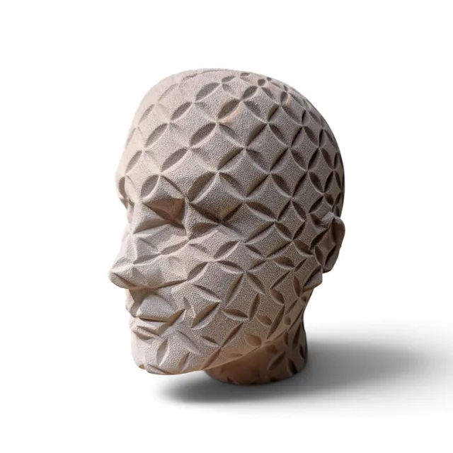 A matte, sandy taupe head, seen at three-quarter view, carved all over with a repeating geometric pattern of overlapping curves that form four-pointed stars, covering the face, scalp and neck.